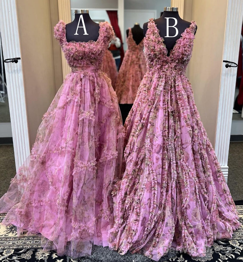 Tulle Floral Print Long Prom Dresses with Ruffle Embellishments Main image