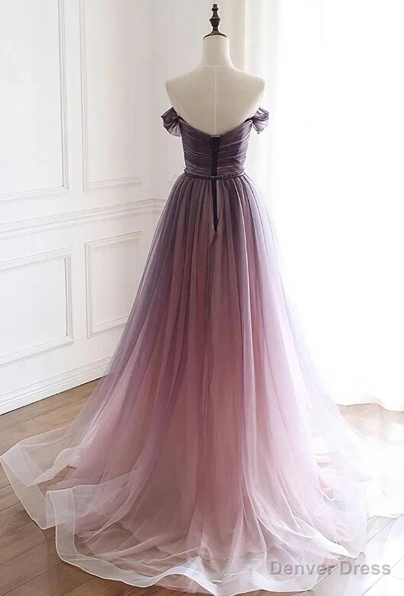 Tulle Gradient Long Prom Gowns, A Line Floor Length Prom Dresses