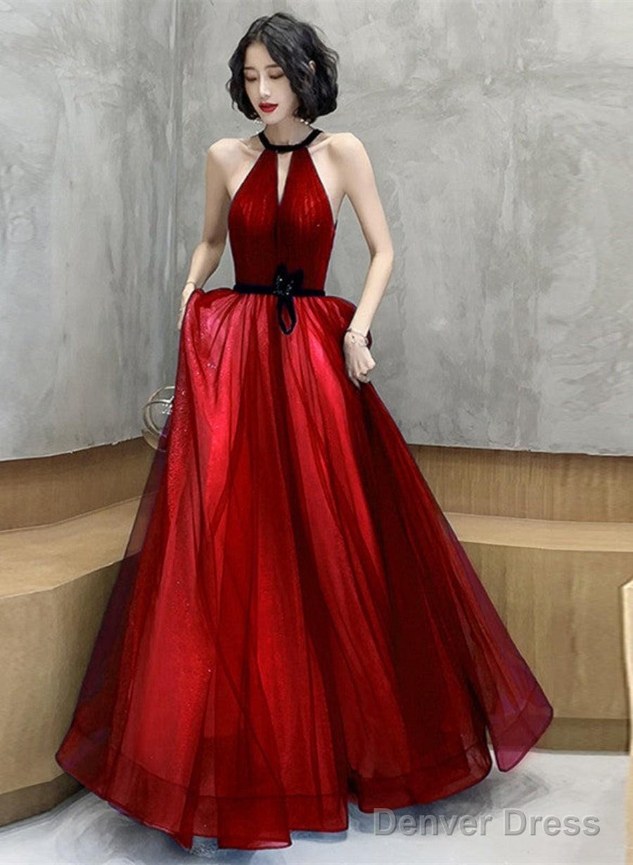 Tulle High Neckline A-Line Long Prom Dress, Tulle Blue Evening Dress Main image