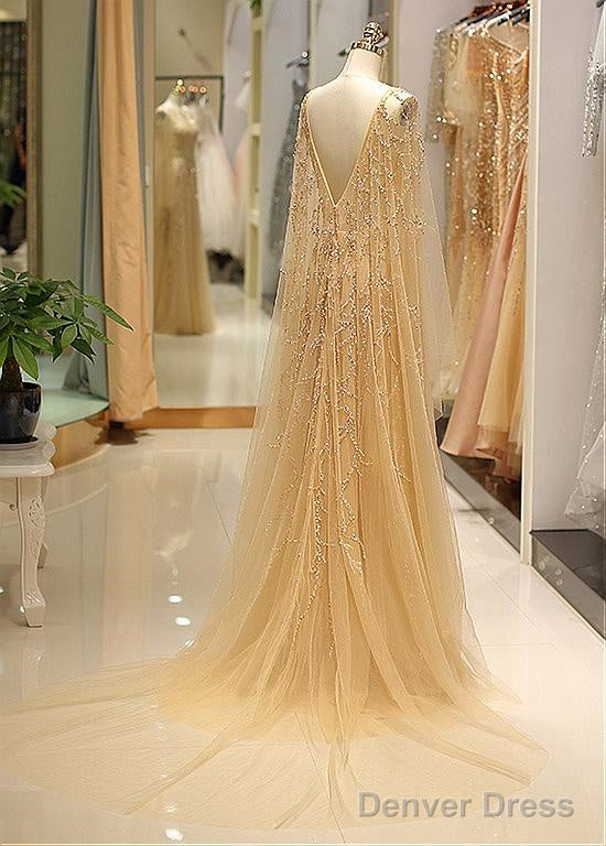 Tulle Jewel Long Sleeve Gold Beading Prom Evening Dress
