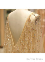 Tulle Jewel Long Sleeve Gold Beading Prom Evening Dress