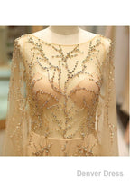 Tulle Jewel Long Sleeve Gold Beading Prom Evening Dress