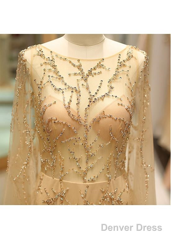 Tulle Jewel Long Sleeve Gold Beading Prom Evening Dress