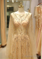 Tulle Jewel Long Sleeve Gold Beading Prom Evening Dress