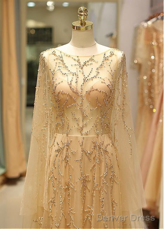 Tulle Jewel Long Sleeve Gold Beading Prom Evening Dress