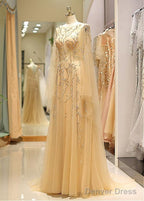 Tulle Jewel Long Sleeve Gold Beading Prom Evening Dress