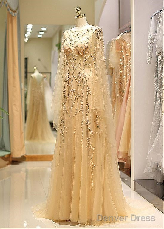 Tulle Jewel Long Sleeve Gold Beading Prom Evening Dress