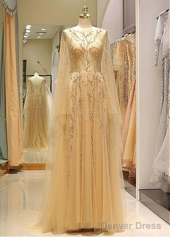 Tulle Jewel Long Sleeve Gold Beading Prom Evening Dress Main image