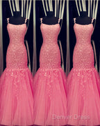 Tulle Lace Appliques Mermaid Prom Dresses Spaghetti Straps