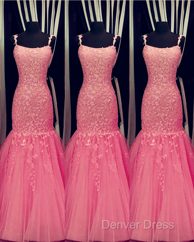 Tulle Lace Appliques Mermaid Prom Dresses Spaghetti Straps