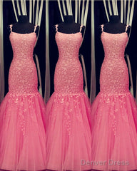 Tulle Lace Appliques Mermaid Prom Dresses Spaghetti Straps