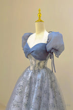 Tulle Lace Long Prom Dress, Blue Short Sleeve Prom Dresses