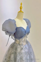 Tulle Lace Long Prom Dress, Blue Short Sleeve Prom Dresses