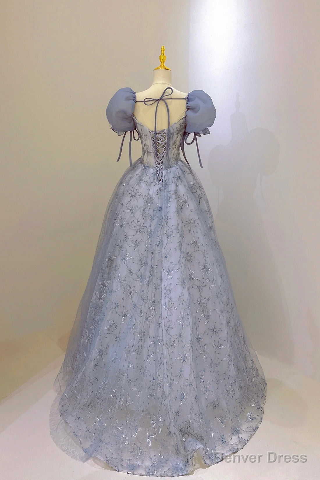 Tulle Lace Long Prom Dress, Blue Short Sleeve Prom Dresses