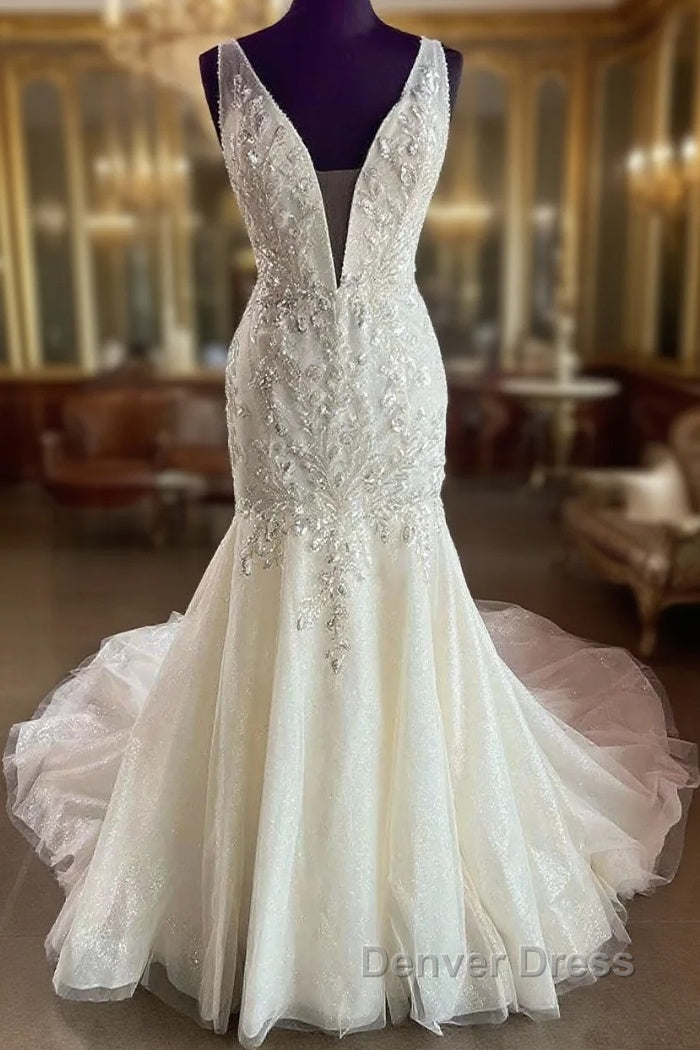 Tulle Lace Plunge V Long Wedding Dresses Main image