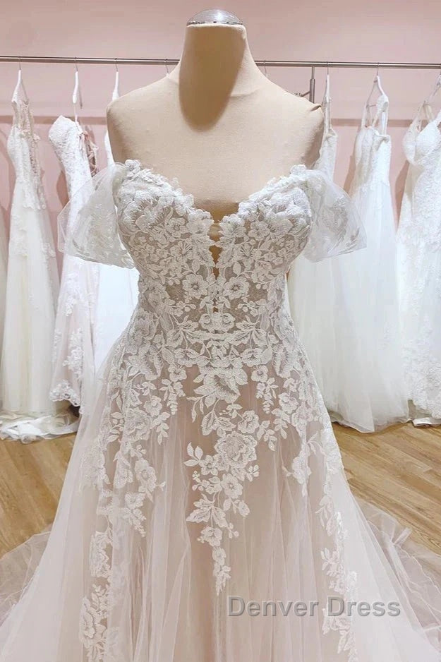 Tulle Lace Wedding Dresses Off The Shoulder A-Line Bridal Dresses With Sweep Train Elegant