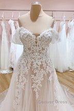 Tulle Lace Wedding Dress Off The Shoulder A Line Bridal Dresses With Sweep Train Elegant