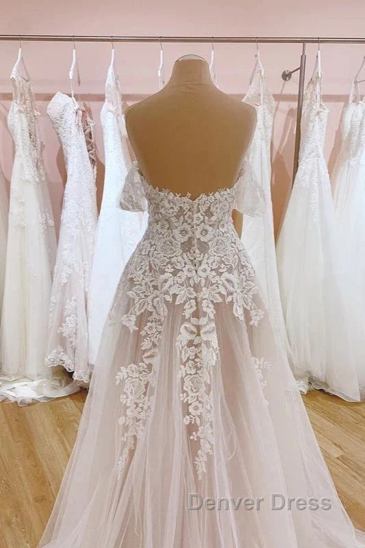 Tulle Lace Wedding Dress Off The Shoulder A Line Bridal Dresses With Sweep Train Elegant