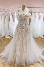 Tulle Lace Wedding Dresses Off The Shoulder A-Line Bridal Dresses With Sweep Train Elegant