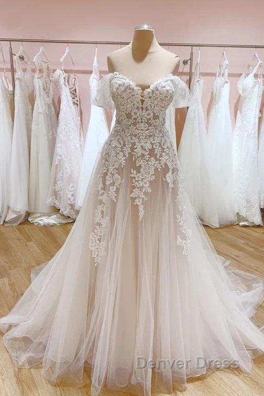 Tulle Lace Wedding Dresses Off The Shoulder A-Line Bridal Dresses With Sweep Train Elegant