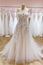 Tulle Lace Wedding Dress Off The Shoulder A Line Bridal Dresses With Sweep Train Elegant