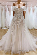 Tulle Lace Wedding Dresses Off The Shoulder A-Line Bridal Dresses With Sweep Train Elegant