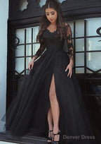 Tulle Long Floor Length A Line Full Long Sleeve Sweetheart Zipper Prom Dresses With Appliqued