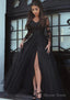 Tulle Long Floor Length A Line Full Long Sleeve Sweetheart Zipper Prom Dresses With Appliqued