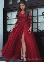 Tulle Long Floor Length A Line Full Long Sleeve Sweetheart Zipper Prom Dresses With Appliqued