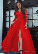 Tulle Long Floor Length A Line Full Long Sleeve Sweetheart Zipper Prom Dresses With Appliqued