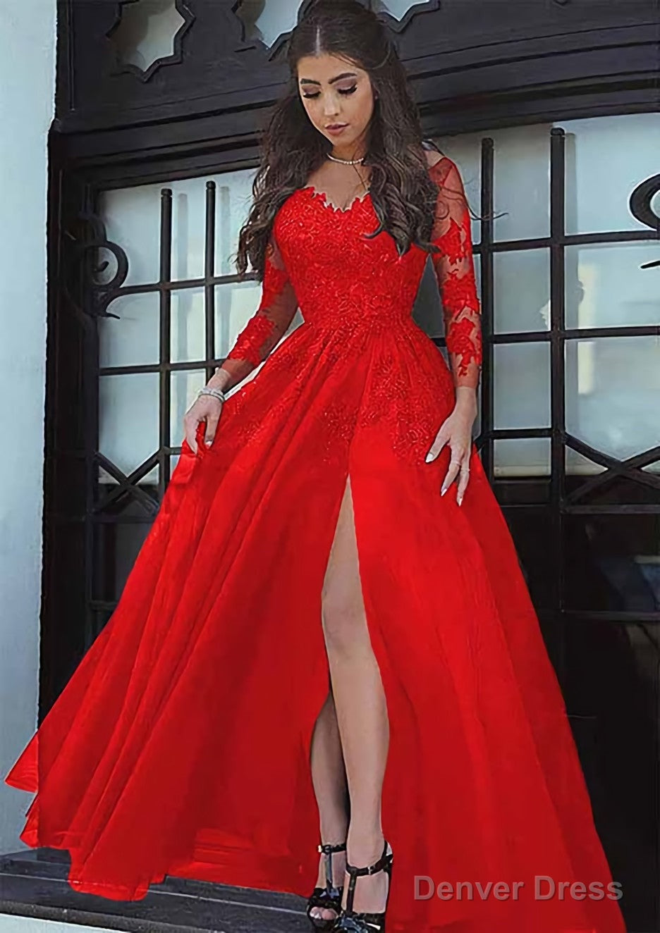 Tulle Long Floor Length A Line Full Long Sleeve Sweetheart Zipper Prom Dresses With Appliqued