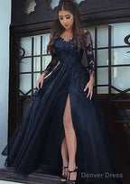 Tulle Long Floor Length A Line Full Long Sleeve Sweetheart Zipper Prom Dresses With Appliqued