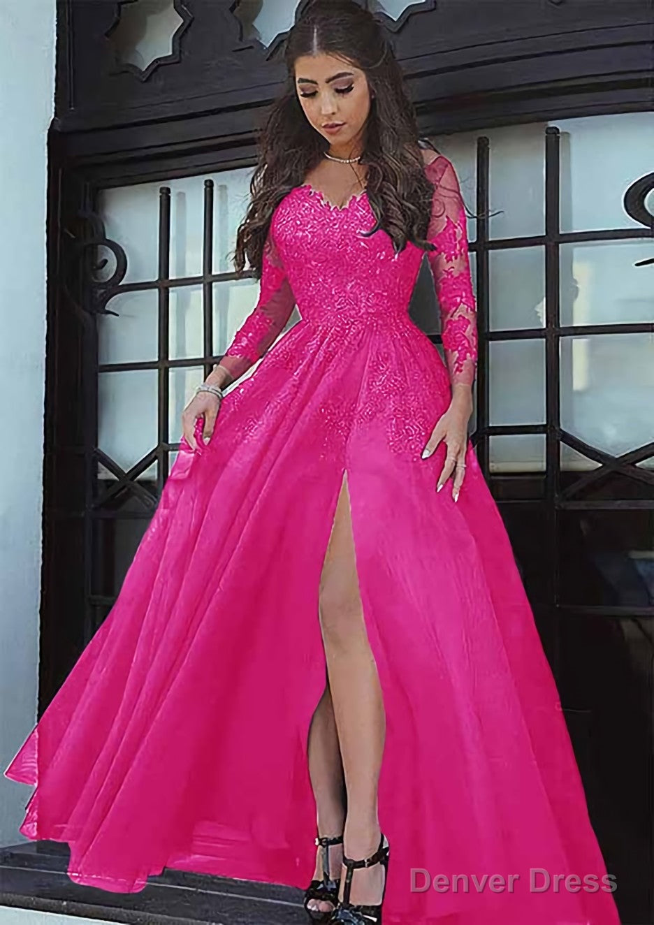 Tulle Long Floor Length A Line Full Long Sleeve Sweetheart Zipper Prom Dresses With Appliqued
