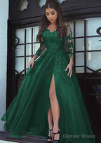Tulle Long Floor Length A Line Full Long Sleeve Sweetheart Zipper Prom Dresses With Appliqued