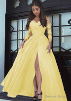 Tulle Long Floor Length A Line Full Long Sleeve Sweetheart Zipper Prom Dresses With Appliqued