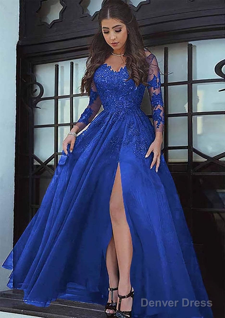 Tulle Long Floor Length A Line Full Long Sleeve Sweetheart Zipper Prom Dresses With Appliqued
