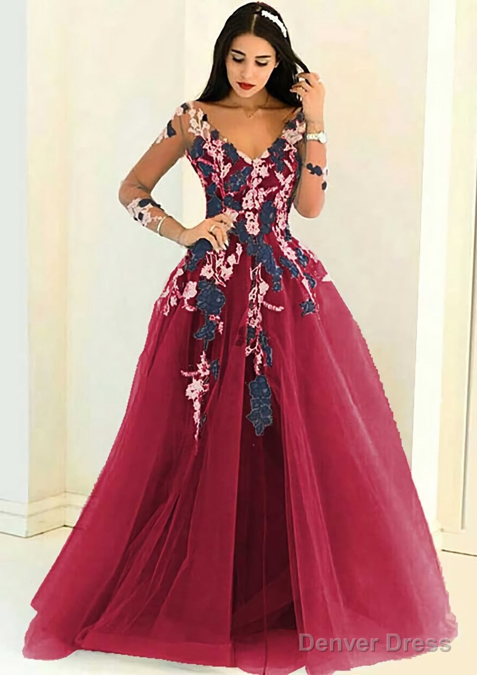 Tulle Long Floor Length A Line Full Long Sleeve V Neck Zipper Prom Dresses With Appliqued