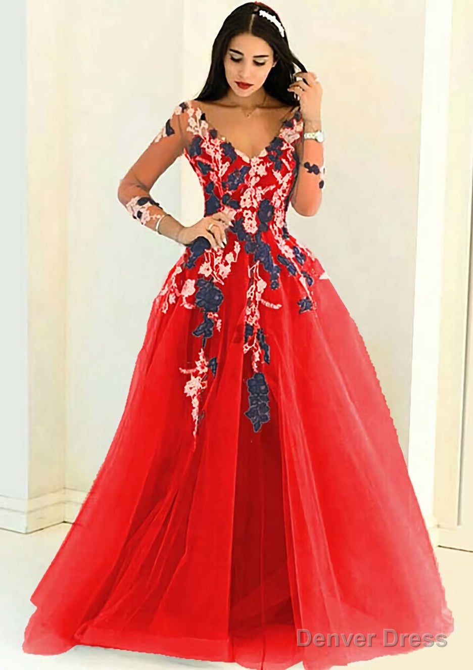 Tulle Long Floor Length A Line Full Long Sleeve V Neck Zipper Prom Dresses With Appliqued