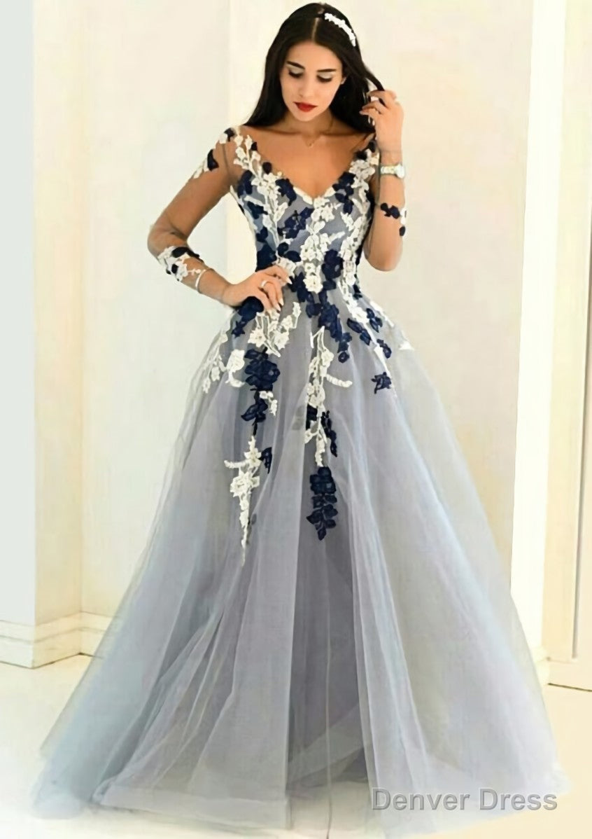 Tulle Long Floor Length A Line Full Long Sleeve V Neck Zipper Prom Dresses With Appliqued Main image