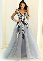 Tulle Long Floor Length A Line Full Long Sleeve V Neck Zipper Prom Dresses With Appliqued