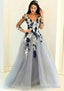 Tulle Long Floor Length A Line Full Long Sleeve V Neck Zipper Prom Dresses With Appliqued