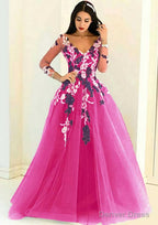 Tulle Long Floor Length A Line Full Long Sleeve V Neck Zipper Prom Dresses With Appliqued