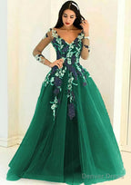 Tulle Long Floor Length A Line Full Long Sleeve V Neck Zipper Prom Dresses With Appliqued
