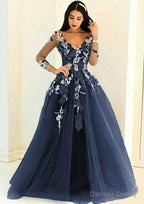 Tulle Long Floor Length A Line Full Long Sleeve V Neck Zipper Prom Dresses With Appliqued