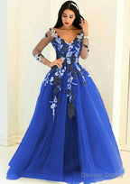 Tulle Long Floor Length A Line Full Long Sleeve V Neck Zipper Prom Dresses With Appliqued