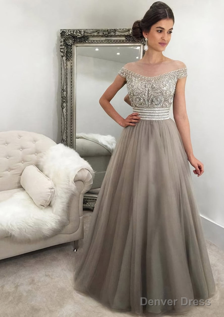 Tulle Long Floor Length A Line Sleeveless Bateau Zipper Prom Dresses With Beaded