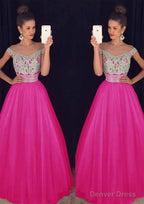 Tulle Long/Floor-Length A-Line/Princess Sleeveless Bateau Zipper Prom Dresses With Beaded