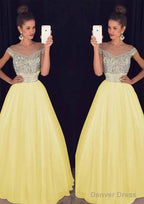 Tulle Long/Floor-Length A-Line/Princess Sleeveless Bateau Zipper Prom Dresses With Beaded