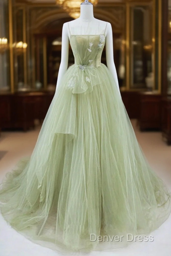 Tulle Long Prom Dresses A-Line Green Long Evening Dresses Main image