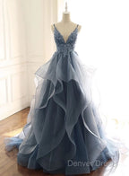 Tulle Long Prom Dresses With Spaghetti Straps And Ruffled Floor Length Skirt
